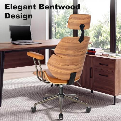 Mid-Century High Back Leather Office Chair with Headrest, Brown