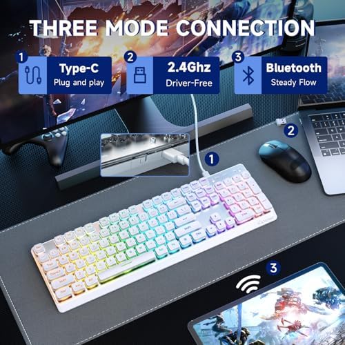 Free wolf M104 Full Size Wireless Gaming Keyboard Tri-Mode - White