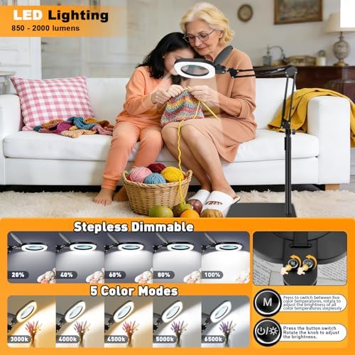 15X Magnifying Lamp with Light,5-Inch Optical Glass Lens, 3-in-1 Desk/Clamp/Floor Stand, LED Lighted Magnifier, Stepless Dimming for Close Work, Crafts, Repair, Reading, Sewing, Black