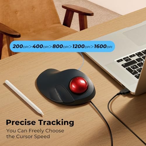 Wired Ergonomic Trackball Mouse for Large Hands, 44mm Index Finger Control
