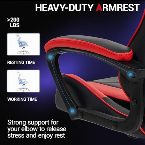 Ergonomic Massage Gaming Chair for Kids Adults, Comfy PU Leather Office Desk Chair with Adjustable Headrest Lumbar Support 360° Swivel, Red