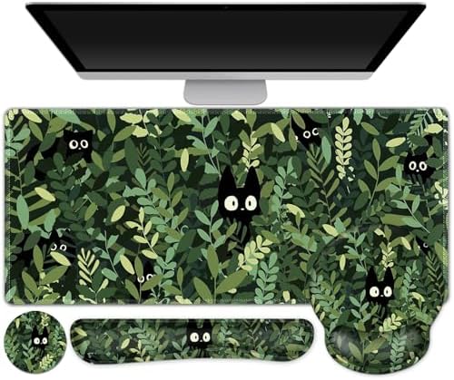 Large Desk Mat, Cute Anime Cats Gaming Mouse Pad, Desk Pad Protector, XXL Mousepad + Keyboard Wrist Rest+Mouse Wrist Rest+Coaster Set with Ergonomic Desk Pad for Home Office PC Computer, Green Leaves
