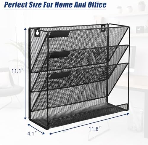 EASEPRES Desk File Organizer Mesh 4-Tier, Hanging Wall Mount Document Organization Stand, Desktop Vertical Mail Paper Folder Holder Rack with Bottom Tray for Office Home Cubicle Countertop, Black