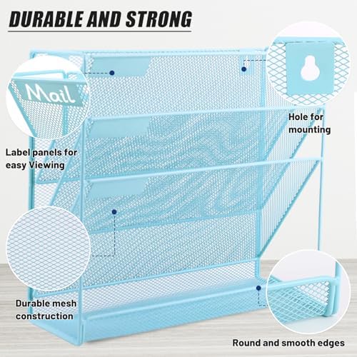 EASEPRES Desk File Organizer Mesh 4-Tier, Hanging Wall Mount Document Organization Stand, Desktop Vertical Mail Paper Folder Holder Rack with Bottom Tray for Office Home Cubicle Countertop, Blue