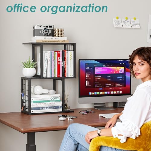 Small Bookshelf Desk Organizer，3-Tier Shelf for Top of Desk Workspace Organizers for Office Accessories, Black