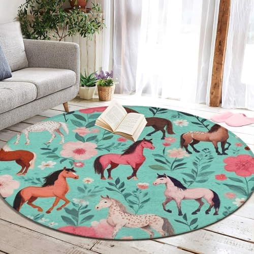 Fashion Round Area Rug Large Non Slip Carpet Unisex Home Decor Mat Floral Flowers Horses