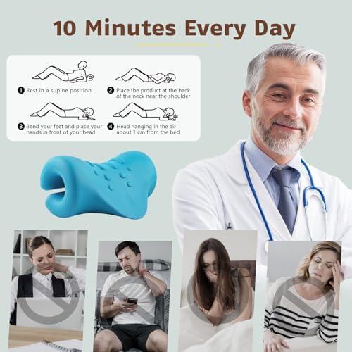 Neck and Shoulder Relaxer, Neck Stretcher, Cervical Traction Device for TMJ Pain Relief and Cervical Spine Alignment, Chiropractic Pillow (Light Blue)