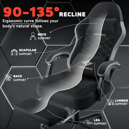 LEMBERI Ergonomic Big & Tall Gaming Chair with Footrest, Gray Fabric