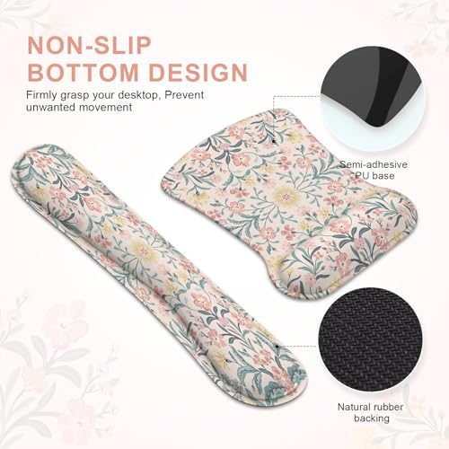 iCasso Ergonomic Mouse Pad, Keyboard Wrist Rest, Memory Foam Mousepad with Wrist Support, Easy Typing and Relieve Wrist Pain Keyboard Pad for Computer(Pink Floral)