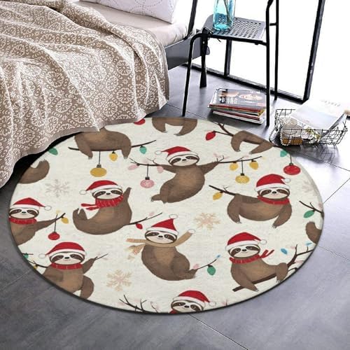 Soft Round Yoga Carpet, Large Home Decor Mat, Non Slip Machine Washable Kitchen Office Circle Rug Funny Christmas Sloth