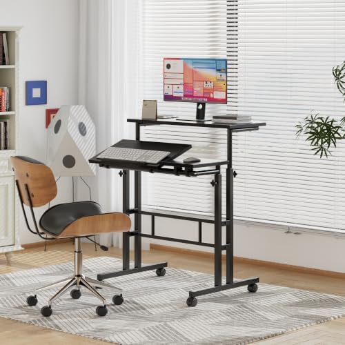 VECELO Mobile Small Standing Desk Adjustable Height, Computer Workstations with Tiltable Tabletop, Lockable Wheels, Portable Rolling Laptop Desk for Home Office, Black
