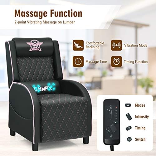 GYMAX Massage Gaming Recliner Chair, Ergonomic Racing Style Single Sofa with Adjustable Headrest, Backrest & Footrest, Home Theater Sofa for Living Room Office (Pink)