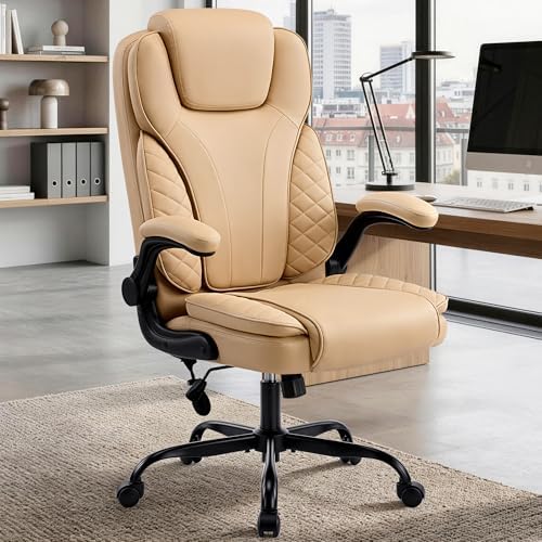 Ergonomic Office Chair, PU Leather High Back Executive Chair with Adjustable Inflatable Lumbar Support and Padded Flip-Up Arms, Recline Swivel Task Computer Chair for Home Office, Khaki