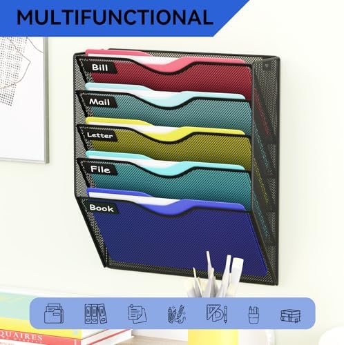 5 Pockets Hanging Wall File Organizer Mail Holder, Wall Mounted Paper Document Folder Holder, Clipboard Storage Organization Magazine Rack, Black