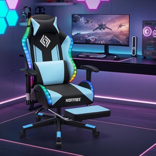 HOFFREE RGB Gaming Chair for Kids LED Computer Chair 155°Recliner-Blue