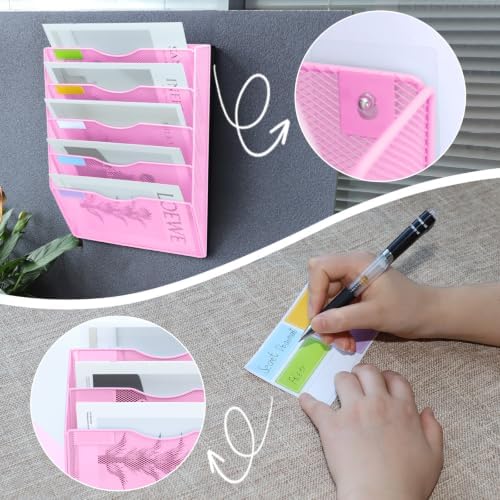 5 Pockets Mesh Wall File Holder Organizer Office Hanging File Folder Magazine Rack, Nametag Label Hooks Set Included (Pink)