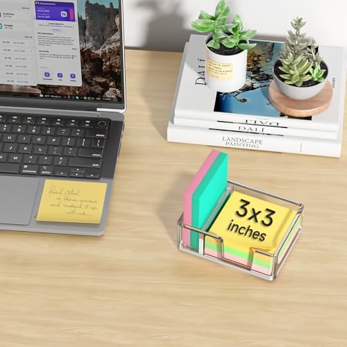 Sticky Note Holder with Pen Slot, Crystal Clear Acrylic Notepad Holder 3x3 in Self-Stick Note Dispenser Office Desk Accessories, Memo Pad Holder Organizer for Classroom School Supplies
