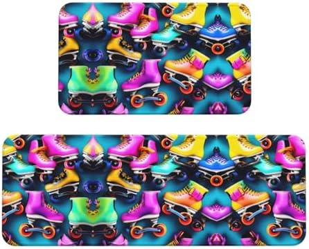 Colorful Roller Skates Print Kitchen Rugs Mats Sets,2pcs Absorbent Non-Slip Rug,Soft Comfort Floor Mat,for Hallway Office