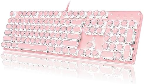 YSCP Typewriter Style Mechanical Gaming Keyboard White Backlit Wired with Blue Switch Retro Round Keycap 104 Keys Keyboard (Pink)