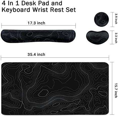 Topographic Mouse Pad Set, Extended Mouse Pad+Keyboard Wrist Rest, Memory Foam Ergonomic Easy Typing, 4Pcs (35.4×15.7 in) Desk Pad Set for Home Office Study Game-Topographic Contour
