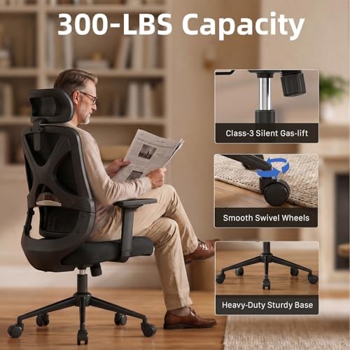 Mesh Ergonomic Office Chair with Lifting Armrests Home Office Desk Chair with Headrest and Backrest 90-150 Adjustable for Home, Office, Gaming, Student（Black）