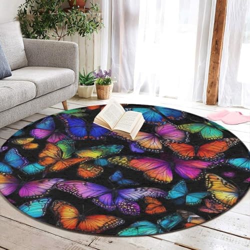 Highly Premium Quality Floor Mat, Office Chair Decor Mat, Room Sofa Yoga Soft Round Carpet Colorful Butterflies Butterfly Art, 24inch