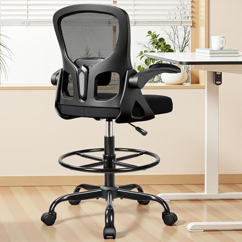Drafting Chair Tall Office Chair for Standing Desk - Ergonomic Computer Work Stool with Flip-up Arms, Foot Ring & Adjustable Lumbar Support. Ideal for Studio, Artist, Engineer, & Study (Black)