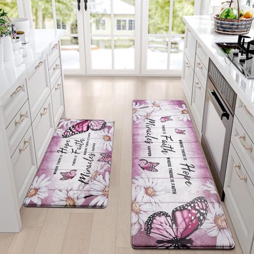 Likiyol Butterfly Kitchen Rugs Sets of 2 Kitchen Mats for Floor Farmhouse Anti Fatigue Mats for Kitchen Floor, Daisy Floral Kitchen Rugs Non Slip Washable Comfort Mat, 18'' x 30''+18'' x 48'', Pink