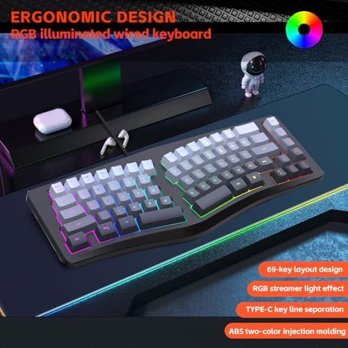 VBESTLIFE Wired Ergonomic Keyboard, Compact Mini Split Keyboard 69 Keys, RGB Backlight, Detachable Type C, for Desktop PC Laptop