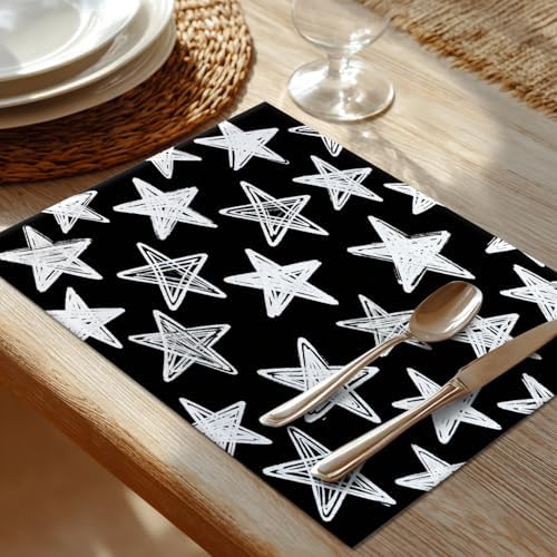 Shrahala Black White Set of 6 12 X 18 Inch Linen Placemats, Chalkboard Pattern Stars Burlap Table Mat Washable Double Layered Heat Insulation for Indoor/Outdoor
