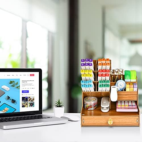 Marbrasse Upgraded Wooden Pencil Holder, Pen Organizer for Desk, Easy Assembly, Art Supply Organizer, Desktop Stationary (Cherry)