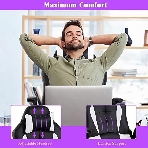 White Gaming Chair, PU Leather Comfy Office Chair for Adults, Ergonomic Desk Chair Computer Chair with Flip Up Arms, Height & Backrest Adjustable, 300 Lbs