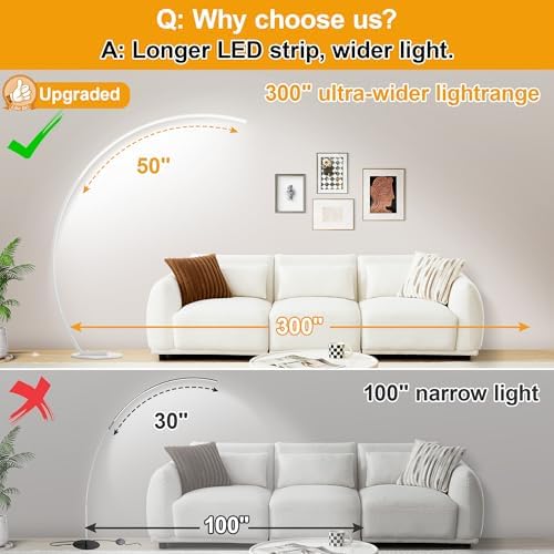2000LM Ultra-Wide Coverage LED Lamps for Living Room with 3 Color Temperatures, White Dimmable Arc Floor Lamps, Modern Standing Tall Lamp with Remote Control Reading Floor Lamp for Bedroom Office