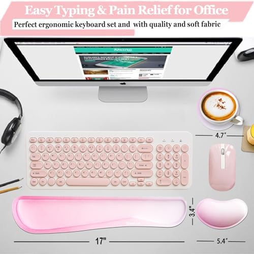 BamLue Keyboard Wrist Rest, Memory Foam Pad Set for Easy Typing & Pain Relief for Laptop, Office & Home, Ergonomic Sets for Keyboard, Gel Mouse, Smooth Fiber Cushion Wrist Support, Pink Gradient