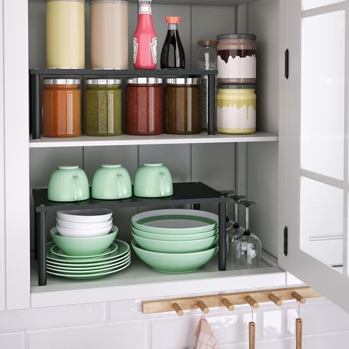 VERTORGAN 2 Pack Cabinet Organizer Shelf,Bamboo Countertop(Large,Black)
