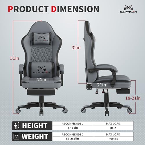 Gamtimer Gaming Chair with Footrest, Ergonomic Computer Chair, PU Breathable Material with Headrest and Lumbar Support, Suitable for Silla Gamer and Adults（Grey）
