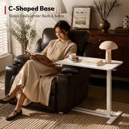 SANODESK 28''Pneumatic Adjustable Overbed Bedside Table with Hidden Casters