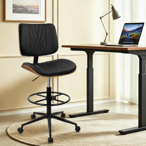CLATINA Drafting Chair for Standing Desk, PU Leather Armless Tall Office Chairs with Adjustable Footrest Ring, Extended Height Ergonomic High Swivel Computer Chair with Bend Wood Backrest, Black, 2PK