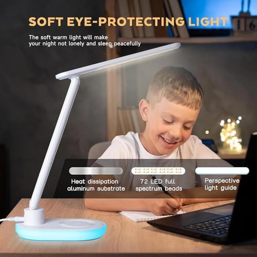 IHAO Luxury Multifunctional LED Desk Lamp10W Qi Wireless Charger Digital Alarm Clock Ambient Light & Temperature Display Adjustable Eye-Care Table Lamp with Leather Texture Design Table Lamp-U20 White