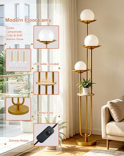 Lightdot 3-Globe Dimmable Floor Lamp with Table Modern Floor Lamps 3000K Warm White Bulbs Included Gold Tall Standing Lamp with 5Lbs Heavy Base for Living Room/Bedroom/Sofa Beside/Corner Decor