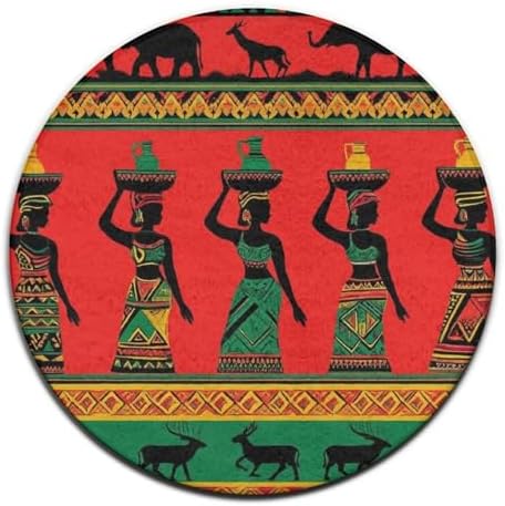 Machine Washable Modern Round Area Rug, Room Sofa Yoga Soft Round Carpet, Home Decor Non Slip Kitchen Office Circle Rug Ethnic Tribal African Black Women Deer Elephants Art, 24inch