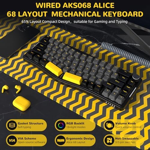 AJAZZ AKS068 65% Wired Mechanical Gaming Keyboard with Coiled Cable, 68-Key Alice-Layout Mechanical Keyboard, RGB Hot Swappable Red Switches VIA/QMK Programmable Knob Gasket Mount for Win/Mac (Black)