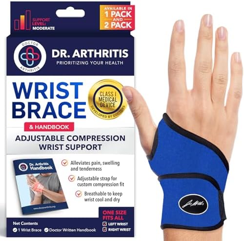 Doctor Developed Wrist Brace - Wrist wrap for Carpal Tunnel Arthritis,Tendonitis, Hand Support - Ideal for Fitness, Weightlifting - Handbook included (Blue (Pack of 1), Wrist Brace)