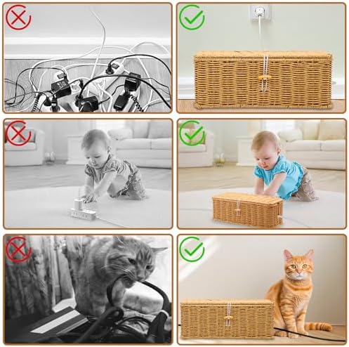 2PCS Cable Management Box, Handmade Rattan Cable Organizer Cord Basket