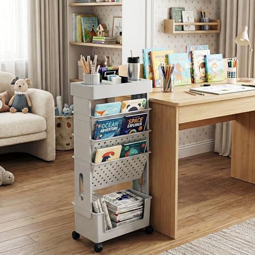 5-Tier Rolling Bookshelf Magazine Rack with Wheels Gray