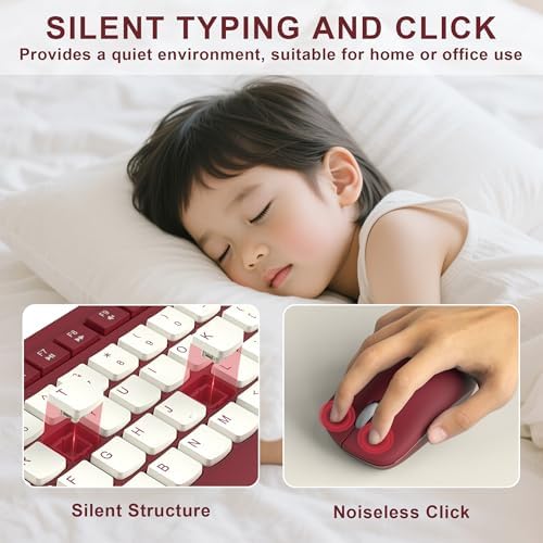 Wireless Keyboard and Mouse Combo Silent for Office and Home(Wine Red-B)
