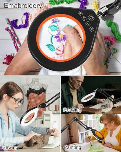 Real Glass Magnifying Lamp, 10X/5X, 10 Brightness, LED, Long Arm, Orange