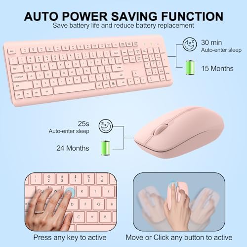 Wireless Keyboard and Mouse Combo, Full Size Silent Ergonomic Keyboard and Mouse, Long Battery Life, Optical Mouse, 2.4G Lag-Free Cordless Mice Keyboard for Computer, Mac, Laptop, PC, Windows(Pink)