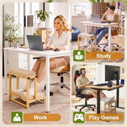Two-Tier Bamboo Desk Footrest, Adjustable Ergonomic Leg Rest with Cushion