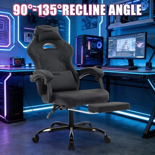 Gaming Chair with Footrest and Massage Lumbar Support, Ergonomic Computer Gamer Chair, Office Video Game Chairs with Adjustable Height and Backrest (Black)